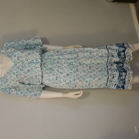 MARGAUX RIVIERA Aqua Patterned Short Sleeve V-Neck Blouson Shirt Dress - Picture 2 of 11